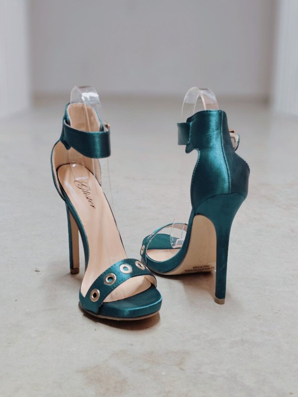 Teal Satin High Heel Sandals With Ankle Strap & Grommet Detail Womens - Picture 10 of 13
